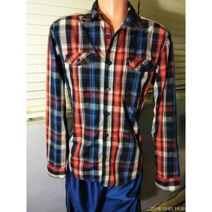 Angelo Litrico Mens M Shirt Long Sleeve Plaid Blue Button Front fitted  @1